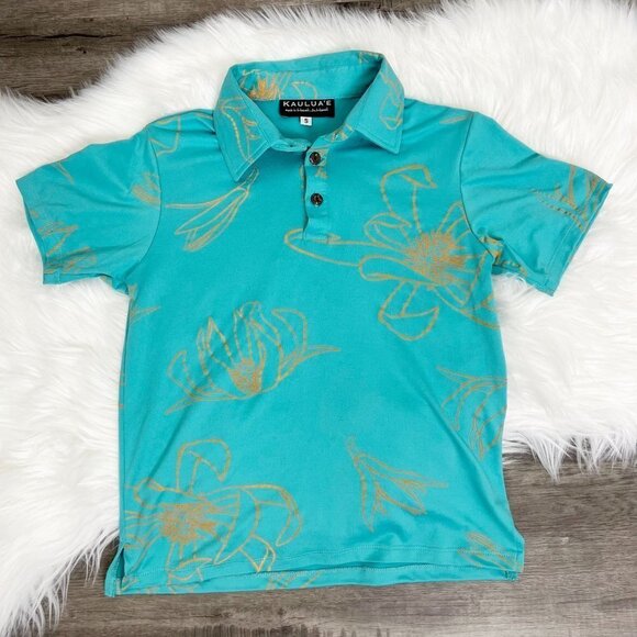 Kauluae Boys Youth Small Miulana Palani Pullover Polo Shirt Seafoam Teal Gold - Picture 1 of 8